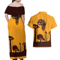 Tribal Africa Heritage with South Africa Flag Couples Matching Off Shoulder Maxi Dress and Hawaiian Shirt Wildlife Silhouettes in Earthy Yellow and Brown
