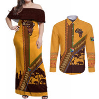 Tribal Africa Heritage with South Africa Flag Couples Matching Off Shoulder Maxi Dress and Long Sleeve Button Shirt Wildlife Silhouettes in Earthy Yellow and Brown