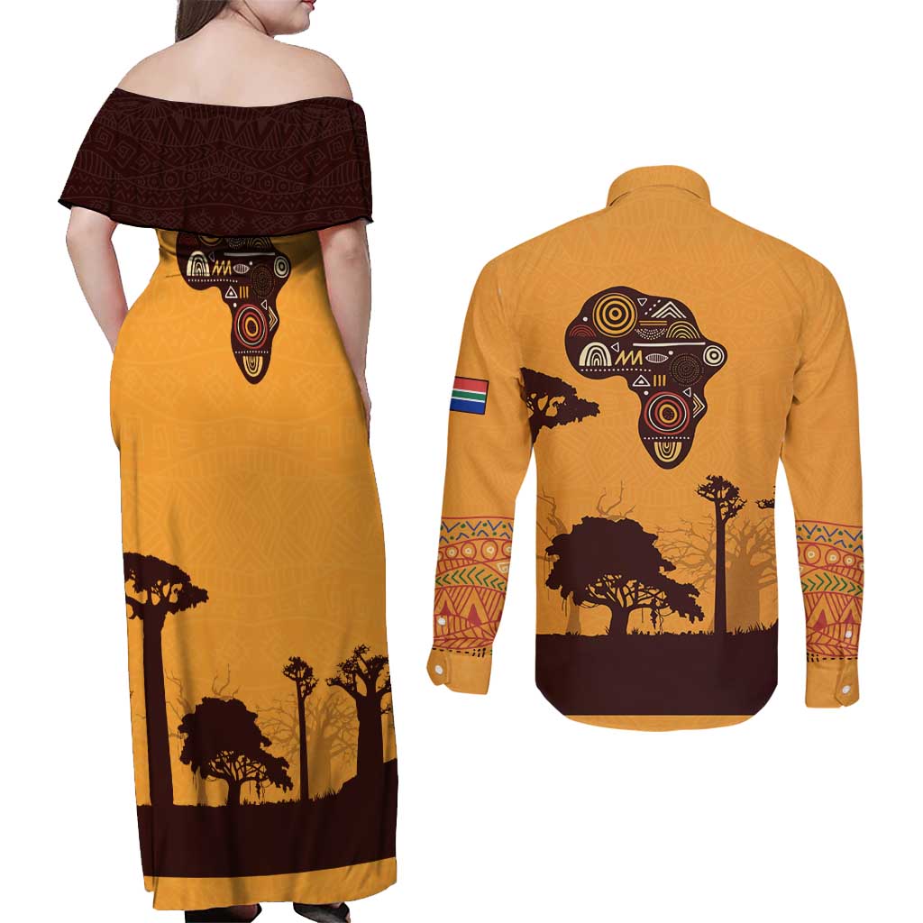 Tribal Africa Heritage with South Africa Flag Couples Matching Off Shoulder Maxi Dress and Long Sleeve Button Shirt Wildlife Silhouettes in Earthy Yellow and Brown