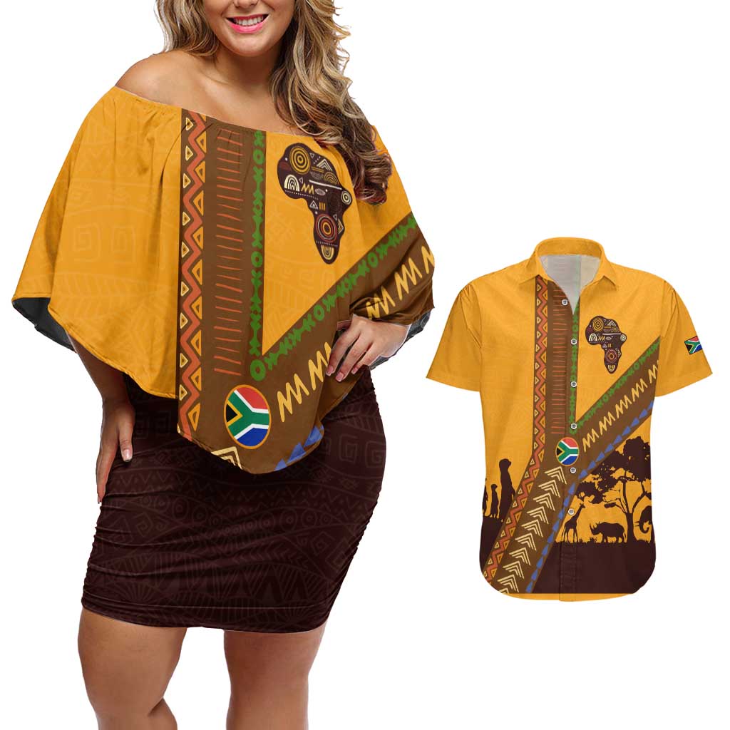 Tribal Africa Heritage with South Africa Flag Couples Matching Off Shoulder Short Dress and Hawaiian Shirt Wildlife Silhouettes in Earthy Yellow and Brown