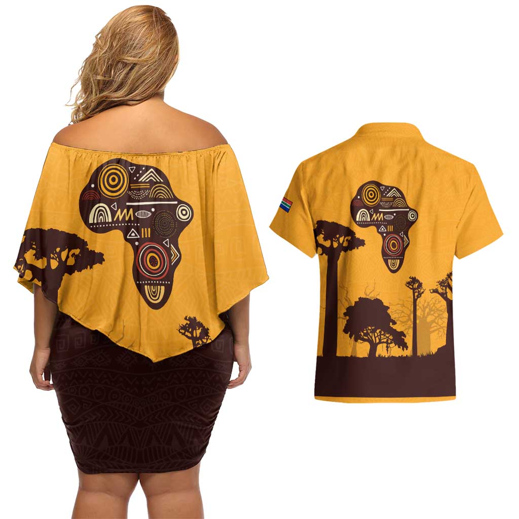 Tribal Africa Heritage with South Africa Flag Couples Matching Off Shoulder Short Dress and Hawaiian Shirt Wildlife Silhouettes in Earthy Yellow and Brown