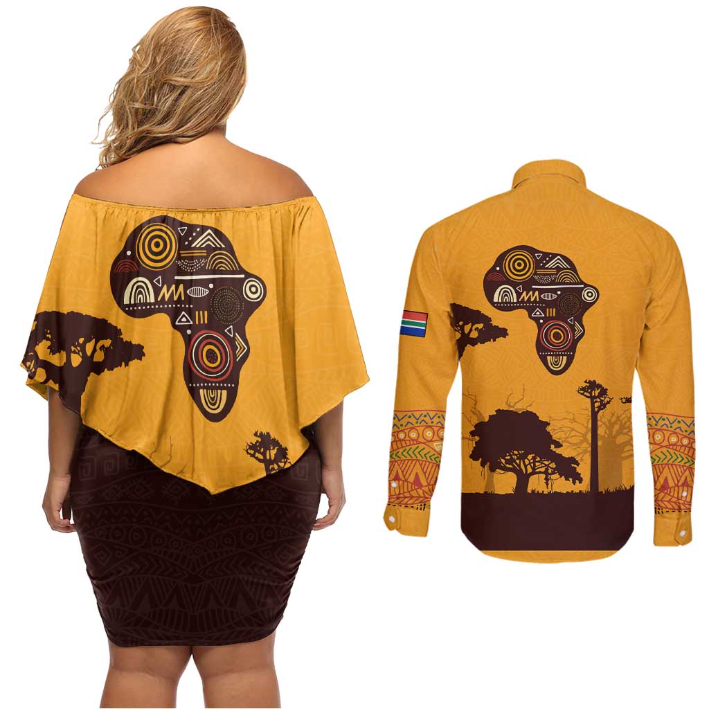Tribal Africa Heritage with South Africa Flag Couples Matching Off Shoulder Short Dress and Long Sleeve Button Shirt Wildlife Silhouettes in Earthy Yellow and Brown