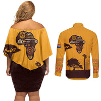 Tribal Africa Heritage with South Africa Flag Couples Matching Off Shoulder Short Dress and Long Sleeve Button Shirt Wildlife Silhouettes in Earthy Yellow and Brown