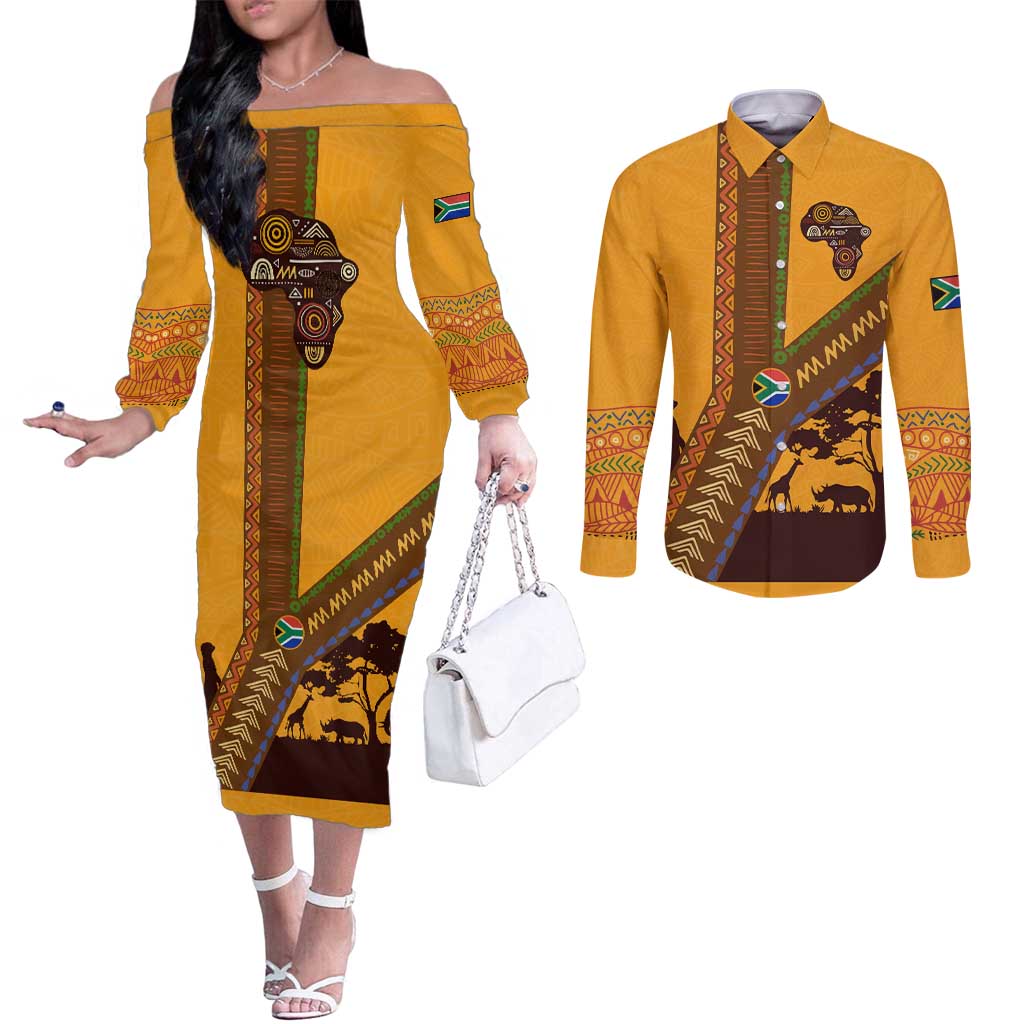 Tribal Africa Heritage with South Africa Flag Couples Matching Off The Shoulder Long Sleeve Dress and Long Sleeve Button Shirt Wildlife Silhouettes in Earthy Yellow and Brown
