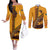 Tribal Africa Heritage with South Africa Flag Couples Matching Off The Shoulder Long Sleeve Dress and Long Sleeve Button Shirt Wildlife Silhouettes in Earthy Yellow and Brown
