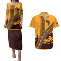 Tribal Africa Heritage with South Africa Flag Couples Matching Puletasi and Hawaiian Shirt Wildlife Silhouettes in Earthy Yellow and Brown
