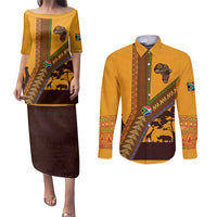 Tribal Africa Heritage with South Africa Flag Couples Matching Puletasi and Long Sleeve Button Shirt Wildlife Silhouettes in Earthy Yellow and Brown