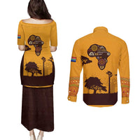 Tribal Africa Heritage with South Africa Flag Couples Matching Puletasi and Long Sleeve Button Shirt Wildlife Silhouettes in Earthy Yellow and Brown