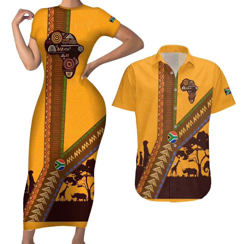 Tribal Africa Heritage with South Africa Flag Couples Matching Short Sleeve Bodycon Dress and Hawaiian Shirt Wildlife Silhouettes in Earthy Yellow and Brown
