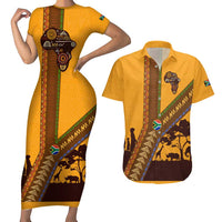 Tribal Africa Heritage with South Africa Flag Couples Matching Short Sleeve Bodycon Dress and Hawaiian Shirt Wildlife Silhouettes in Earthy Yellow and Brown