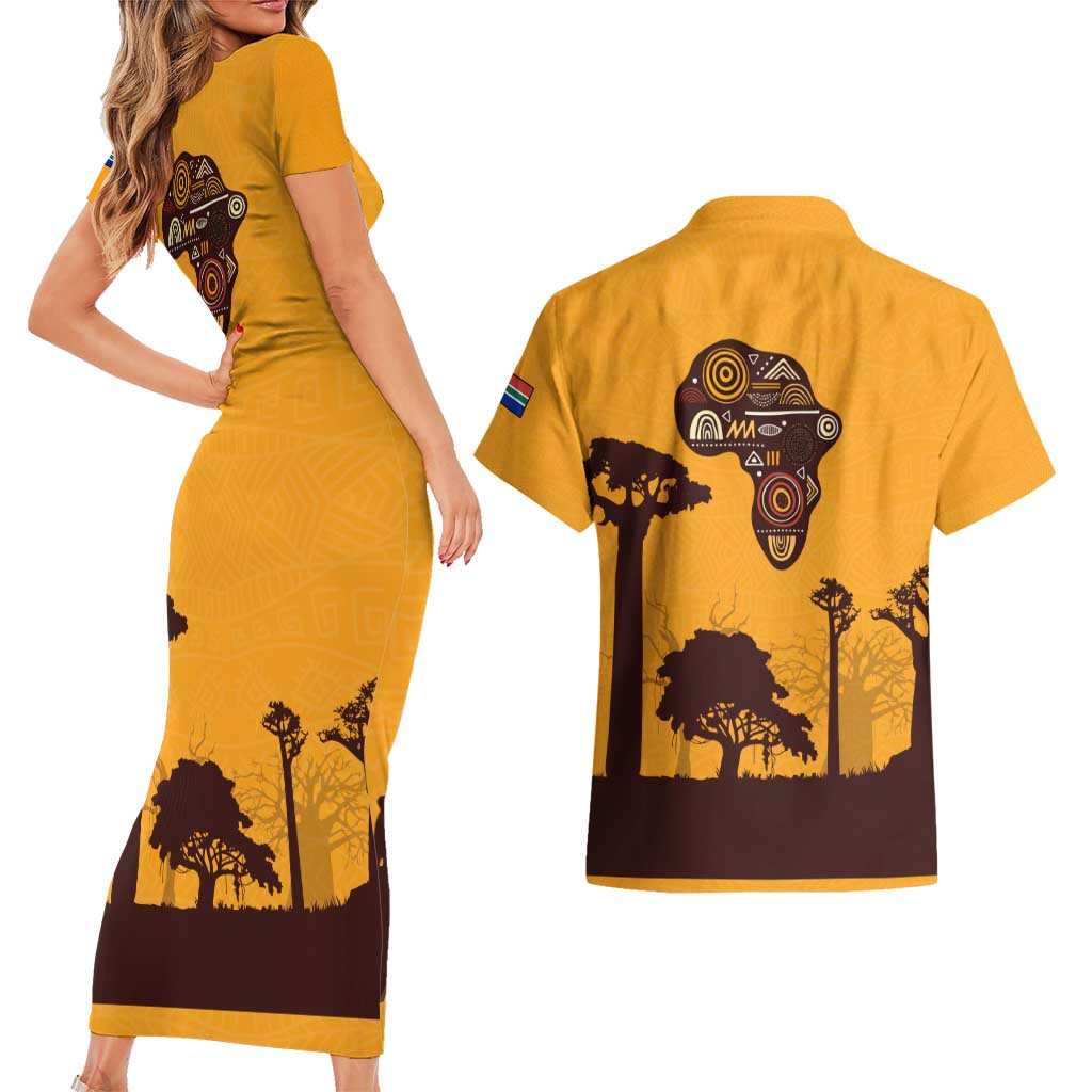 Tribal Africa Heritage with South Africa Flag Couples Matching Short Sleeve Bodycon Dress and Hawaiian Shirt Wildlife Silhouettes in Earthy Yellow and Brown