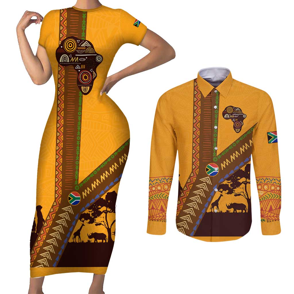 Tribal Africa Heritage with South Africa Flag Couples Matching Short Sleeve Bodycon Dress and Long Sleeve Button Shirt Wildlife Silhouettes in Earthy Yellow and Brown
