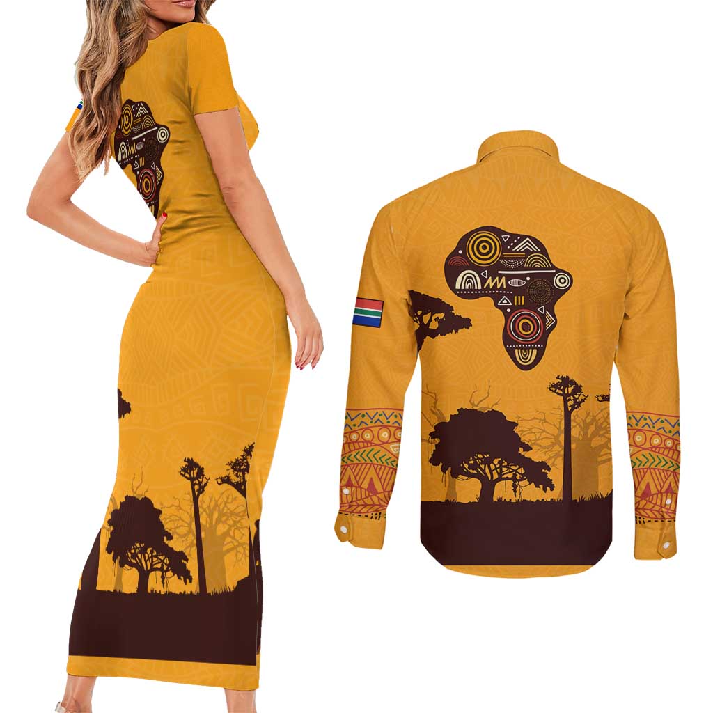Tribal Africa Heritage with South Africa Flag Couples Matching Short Sleeve Bodycon Dress and Long Sleeve Button Shirt Wildlife Silhouettes in Earthy Yellow and Brown