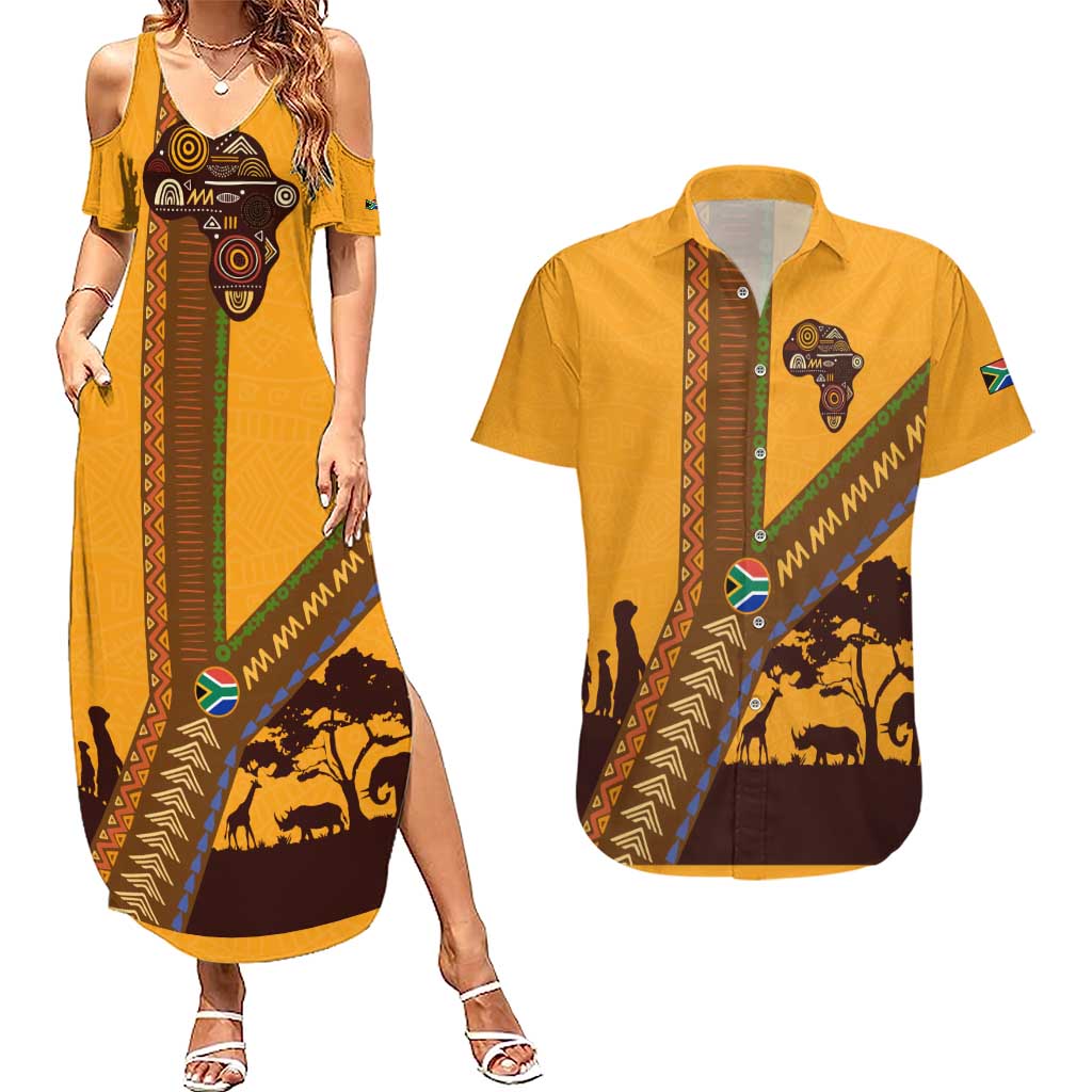 Tribal Africa Heritage with South Africa Flag Couples Matching Summer Maxi Dress and Hawaiian Shirt Wildlife Silhouettes in Earthy Yellow and Brown