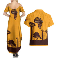 Tribal Africa Heritage with South Africa Flag Couples Matching Summer Maxi Dress and Hawaiian Shirt Wildlife Silhouettes in Earthy Yellow and Brown