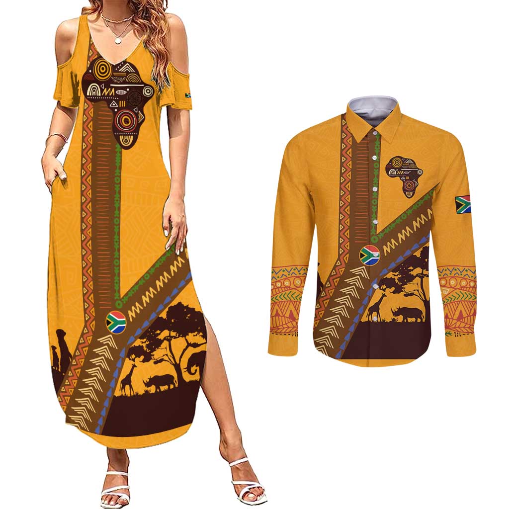 Tribal Africa Heritage with South Africa Flag Couples Matching Summer Maxi Dress and Long Sleeve Button Shirt Wildlife Silhouettes in Earthy Yellow and Brown