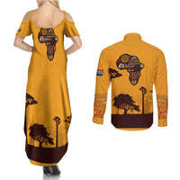Tribal Africa Heritage with South Africa Flag Couples Matching Summer Maxi Dress and Long Sleeve Button Shirt Wildlife Silhouettes in Earthy Yellow and Brown