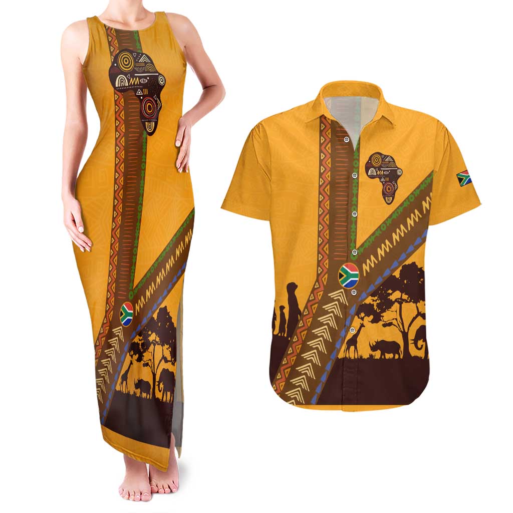 Tribal Africa Heritage with South Africa Flag Couples Matching Tank Maxi Dress and Hawaiian Shirt Wildlife Silhouettes in Earthy Yellow and Brown