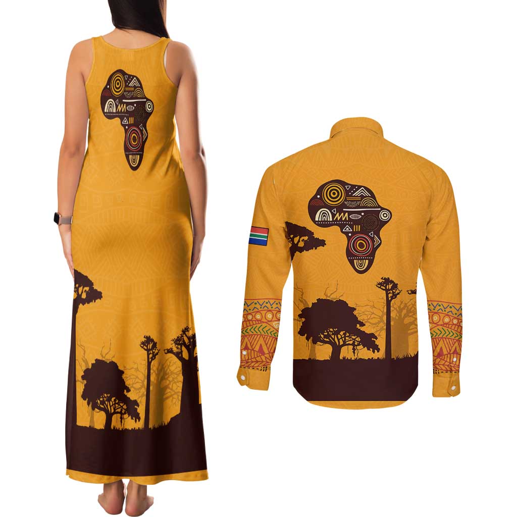 Tribal Africa Heritage with South Africa Flag Couples Matching Tank Maxi Dress and Long Sleeve Button Shirt Wildlife Silhouettes in Earthy Yellow and Brown