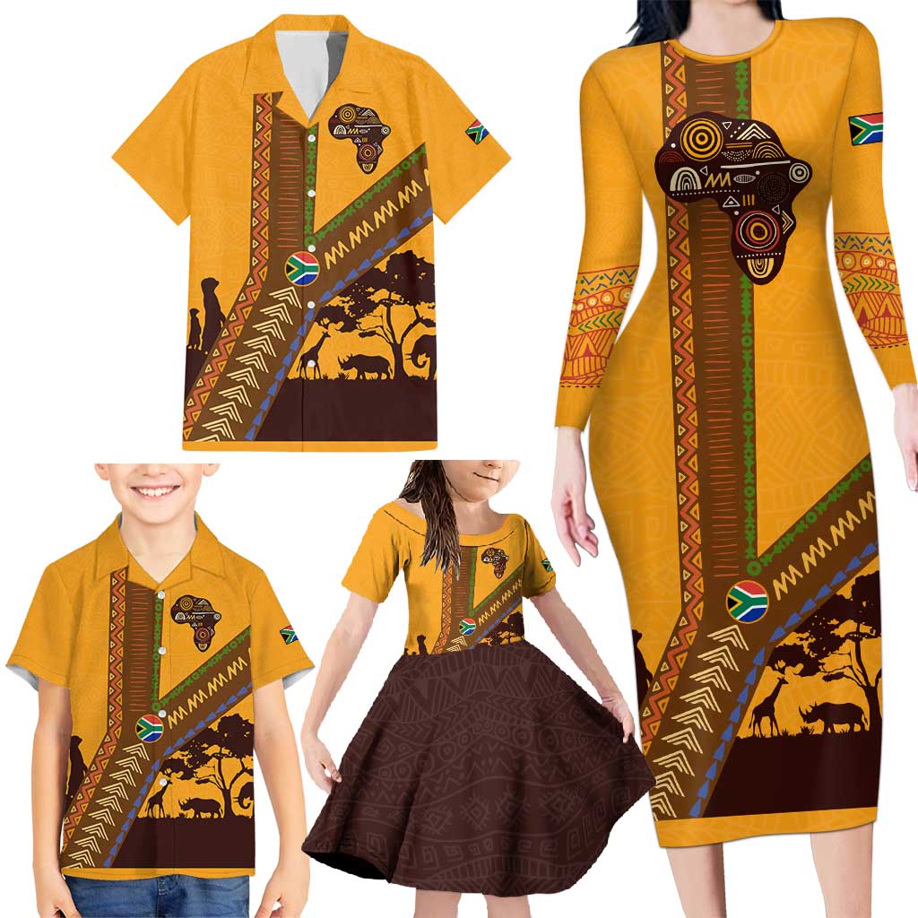 Tribal Africa Heritage with South Africa Flag Family Matching Long Sleeve Bodycon Dress and Hawaiian Shirt Wildlife Silhouettes in Earthy Yellow and Brown