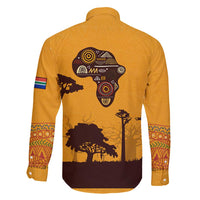 Tribal Africa Heritage with South Africa Flag Family Matching Long Sleeve Bodycon Dress and Hawaiian Shirt Wildlife Silhouettes in Earthy Yellow and Brown
