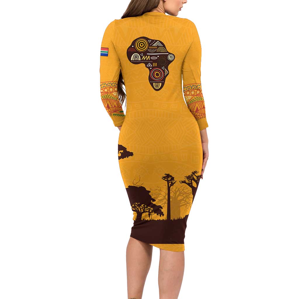 Tribal Africa Heritage with South Africa Flag Family Matching Long Sleeve Bodycon Dress and Hawaiian Shirt Wildlife Silhouettes in Earthy Yellow and Brown
