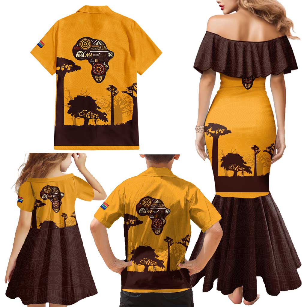 Tribal Africa Heritage with South Africa Flag Family Matching Mermaid Dress and Hawaiian Shirt Wildlife Silhouettes in Earthy Yellow and Brown