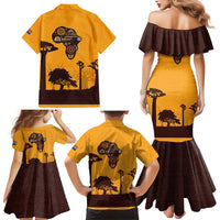 Tribal Africa Heritage with South Africa Flag Family Matching Mermaid Dress and Hawaiian Shirt Wildlife Silhouettes in Earthy Yellow and Brown