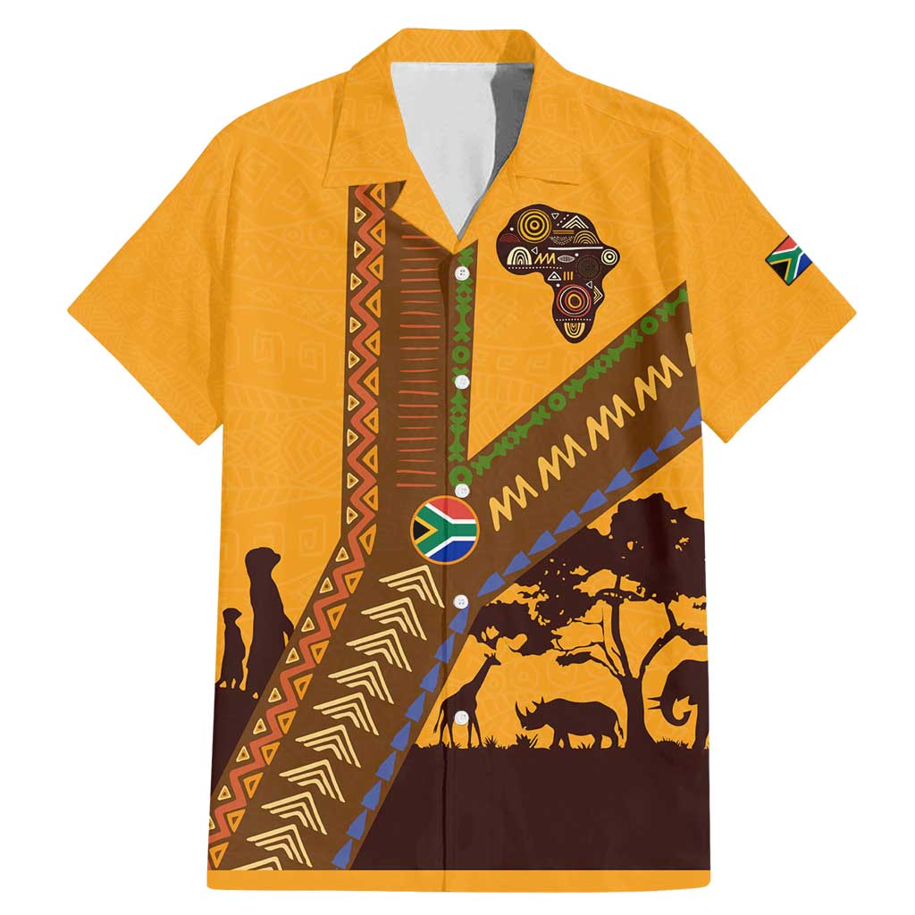 Tribal Africa Heritage with South Africa Flag Family Matching Mermaid Dress and Hawaiian Shirt Wildlife Silhouettes in Earthy Yellow and Brown