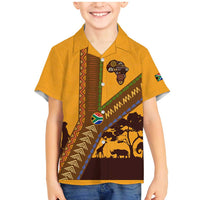 Tribal Africa Heritage with South Africa Flag Family Matching Mermaid Dress and Hawaiian Shirt Wildlife Silhouettes in Earthy Yellow and Brown