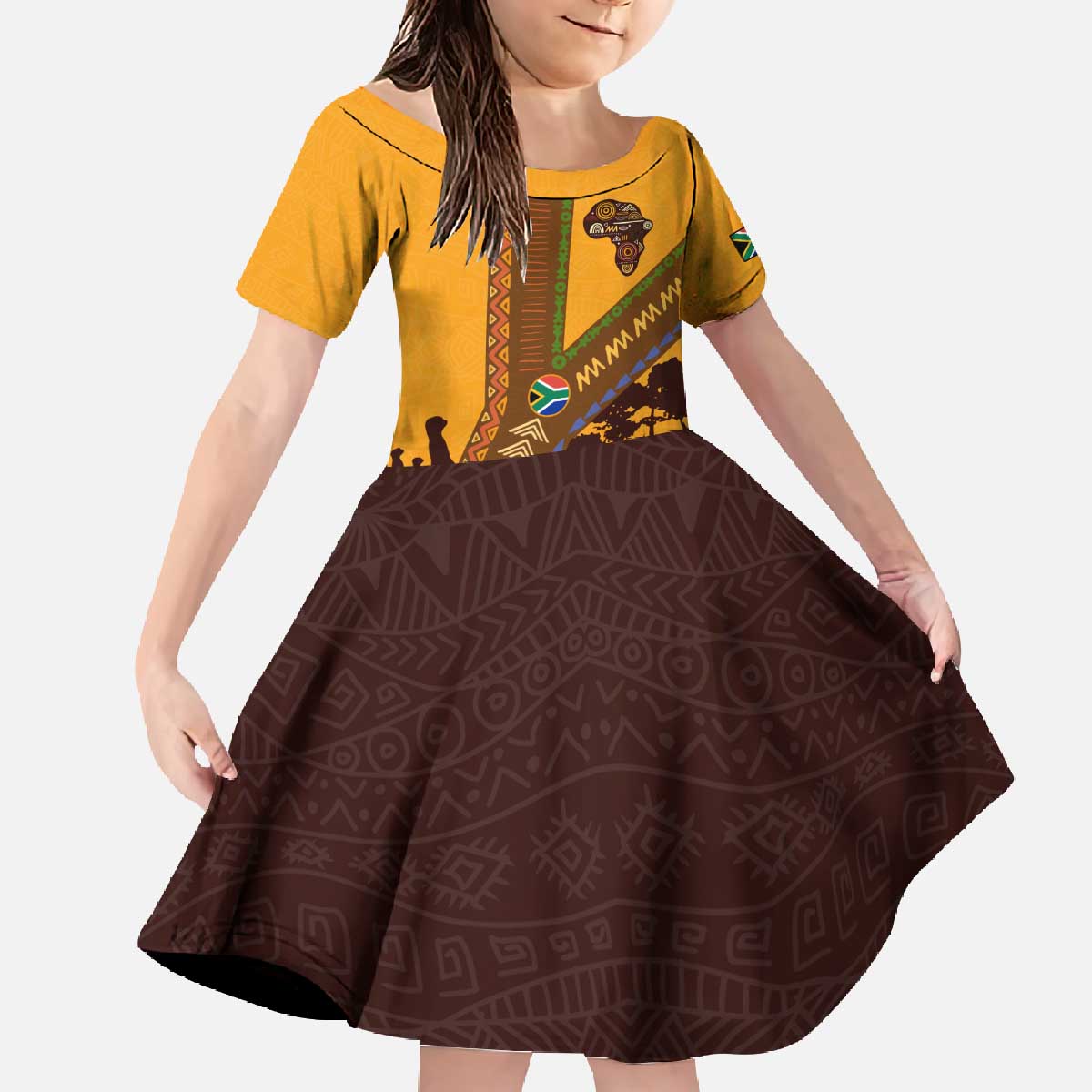 Tribal Africa Heritage with South Africa Flag Family Matching Off The Shoulder Long Sleeve Dress and Hawaiian Shirt Wildlife Silhouettes in Earthy Yellow and Brown