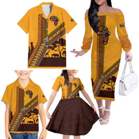 Tribal Africa Heritage with South Africa Flag Family Matching Off The Shoulder Long Sleeve Dress and Hawaiian Shirt Wildlife Silhouettes in Earthy Yellow and Brown