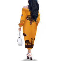 Tribal Africa Heritage with South Africa Flag Family Matching Off The Shoulder Long Sleeve Dress and Hawaiian Shirt Wildlife Silhouettes in Earthy Yellow and Brown