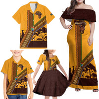Tribal Africa Heritage with South Africa Flag Family Matching Off Shoulder Maxi Dress and Hawaiian Shirt Wildlife Silhouettes in Earthy Yellow and Brown