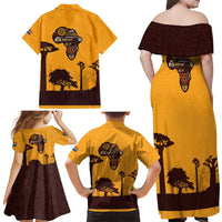 Tribal Africa Heritage with South Africa Flag Family Matching Off Shoulder Maxi Dress and Hawaiian Shirt Wildlife Silhouettes in Earthy Yellow and Brown