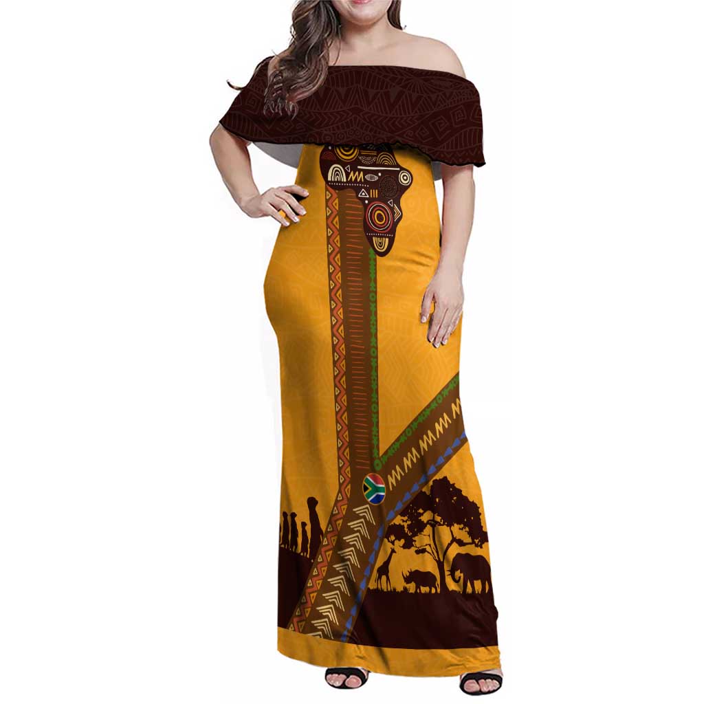 Tribal Africa Heritage with South Africa Flag Family Matching Off Shoulder Maxi Dress and Hawaiian Shirt Wildlife Silhouettes in Earthy Yellow and Brown