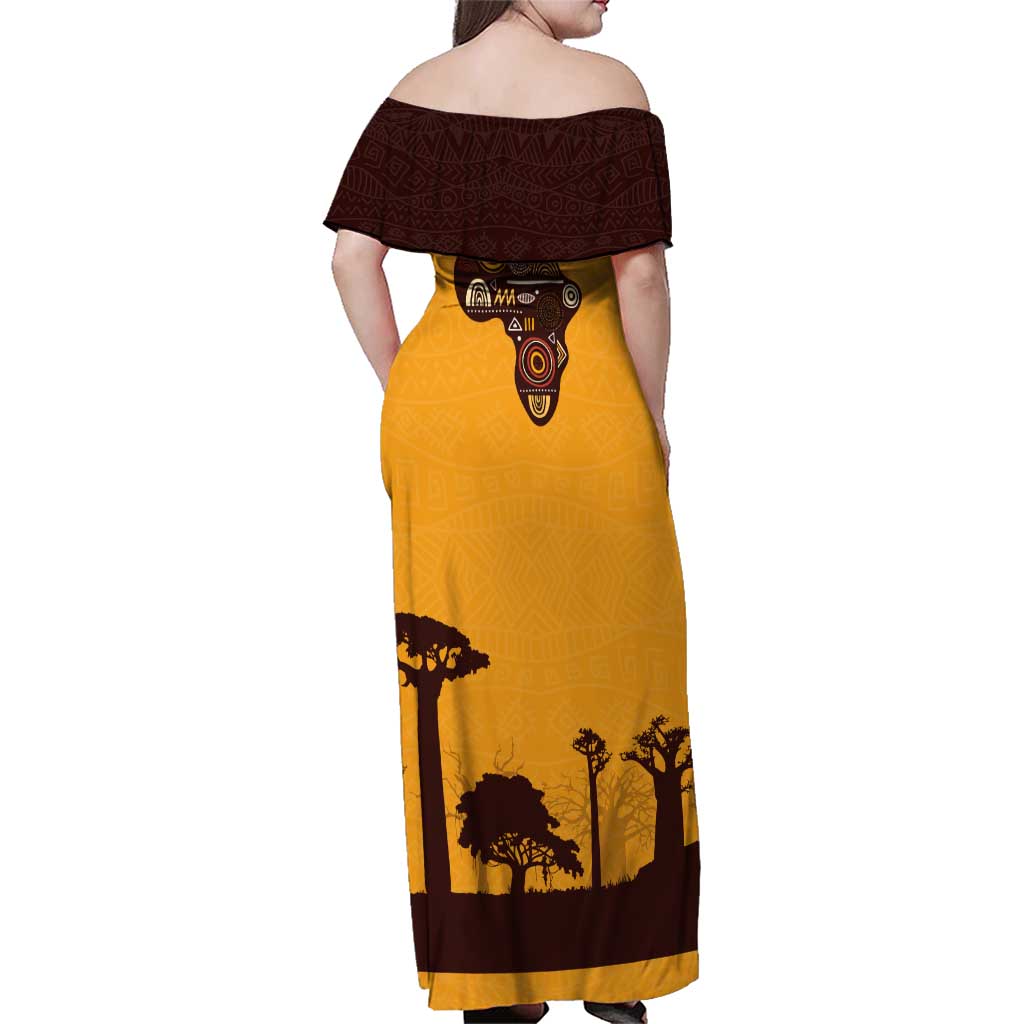 Tribal Africa Heritage with South Africa Flag Family Matching Off Shoulder Maxi Dress and Hawaiian Shirt Wildlife Silhouettes in Earthy Yellow and Brown