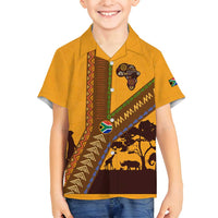 Tribal Africa Heritage with South Africa Flag Family Matching Off Shoulder Maxi Dress and Hawaiian Shirt Wildlife Silhouettes in Earthy Yellow and Brown
