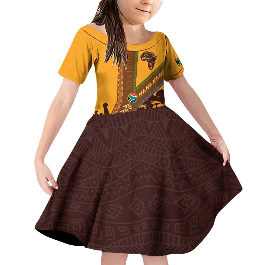 Tribal Africa Heritage with South Africa Flag Family Matching Off Shoulder Short Dress and Hawaiian Shirt Wildlife Silhouettes in Earthy Yellow and Brown