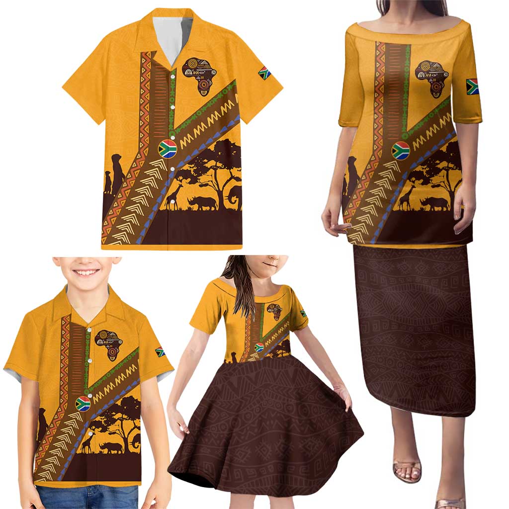 Tribal Africa Heritage with South Africa Flag Family Matching Puletasi and Hawaiian Shirt Wildlife Silhouettes in Earthy Yellow and Brown