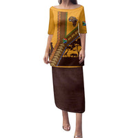Tribal Africa Heritage with South Africa Flag Family Matching Puletasi and Hawaiian Shirt Wildlife Silhouettes in Earthy Yellow and Brown