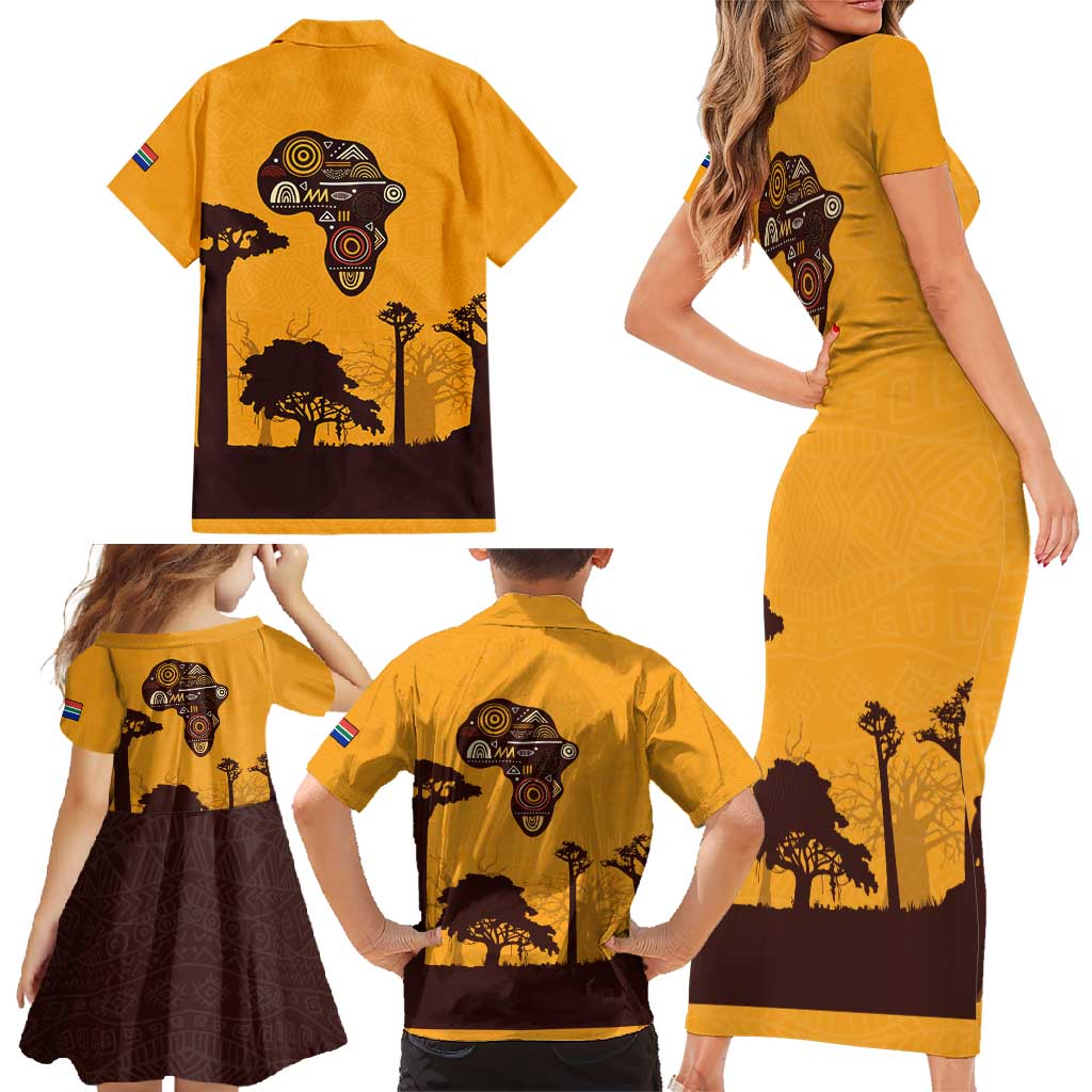 Tribal Africa Heritage with South Africa Flag Family Matching Short Sleeve Bodycon Dress and Hawaiian Shirt Wildlife Silhouettes in Earthy Yellow and Brown