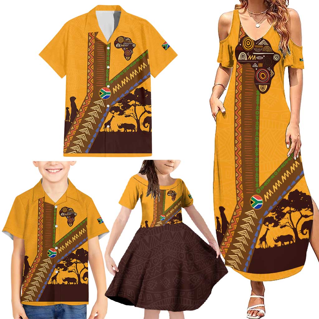 Tribal Africa Heritage with South Africa Flag Family Matching Summer Maxi Dress and Hawaiian Shirt Wildlife Silhouettes in Earthy Yellow and Brown