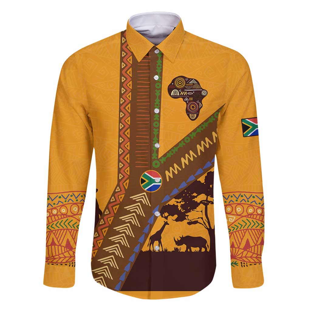 Tribal Africa Heritage with South Africa Flag Family Matching Summer Maxi Dress and Hawaiian Shirt Wildlife Silhouettes in Earthy Yellow and Brown