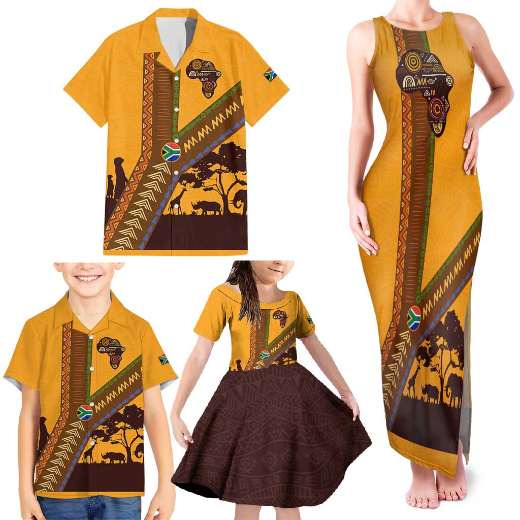 Tribal Africa Heritage with South Africa Flag Family Matching Tank Maxi Dress and Hawaiian Shirt Wildlife Silhouettes in Earthy Yellow and Brown
