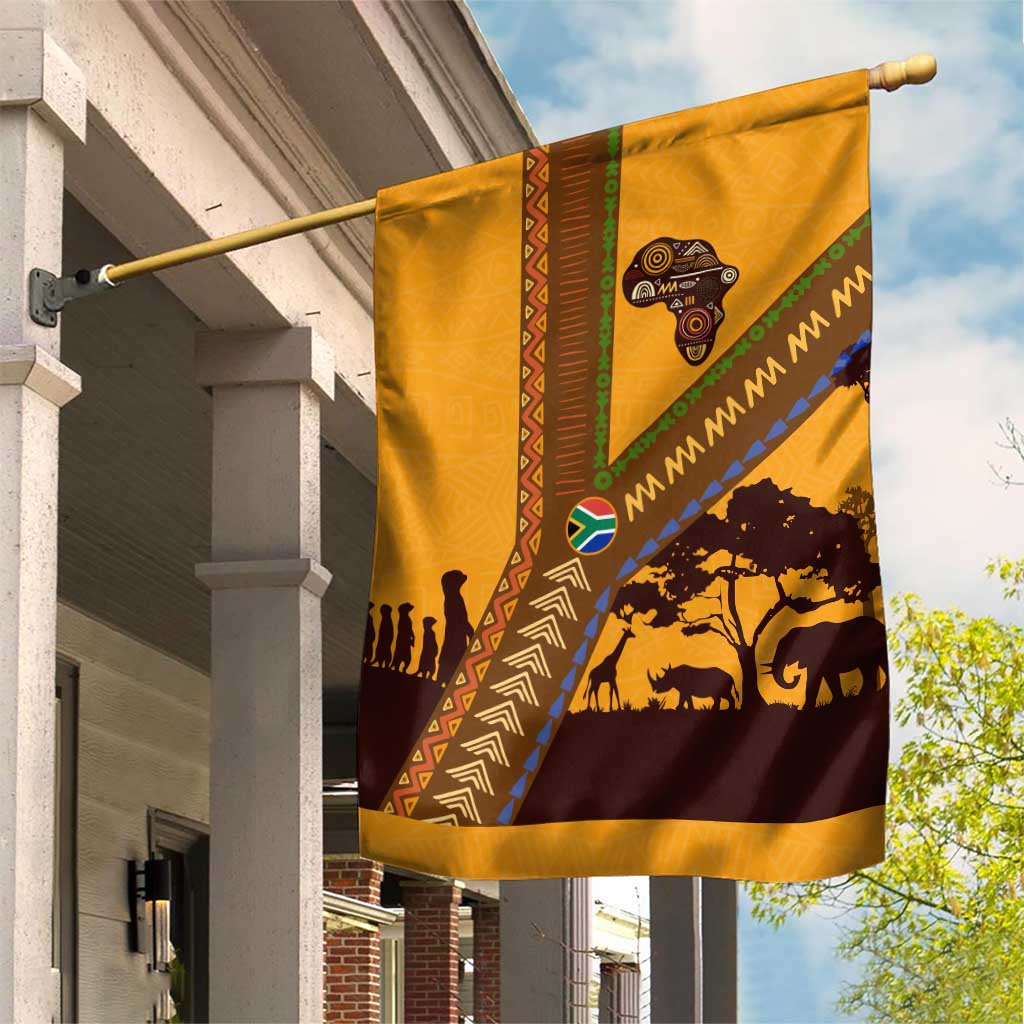 Tribal Africa Heritage with South Africa Flag Garden Flag Wildlife Silhouettes in Earthy Yellow and Brown