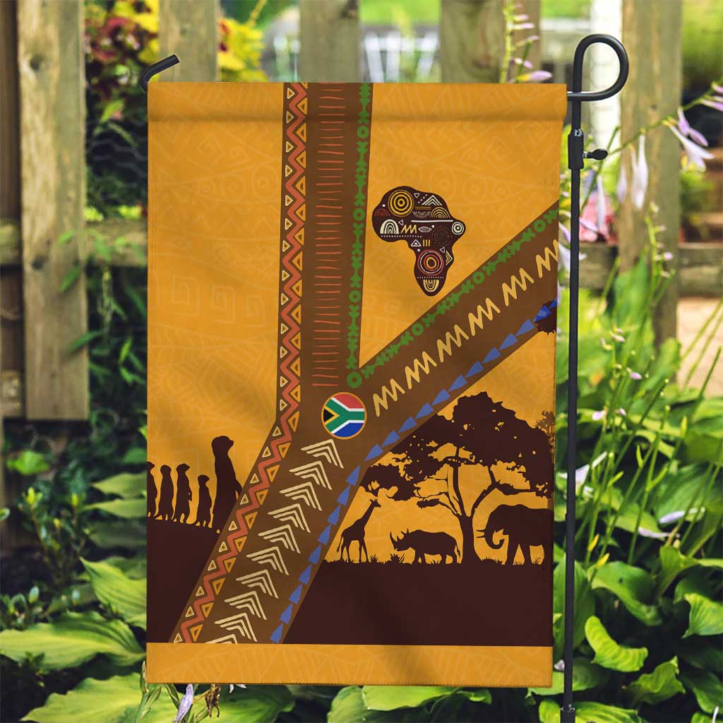 Tribal Africa Heritage with South Africa Flag Garden Flag Wildlife Silhouettes in Earthy Yellow and Brown