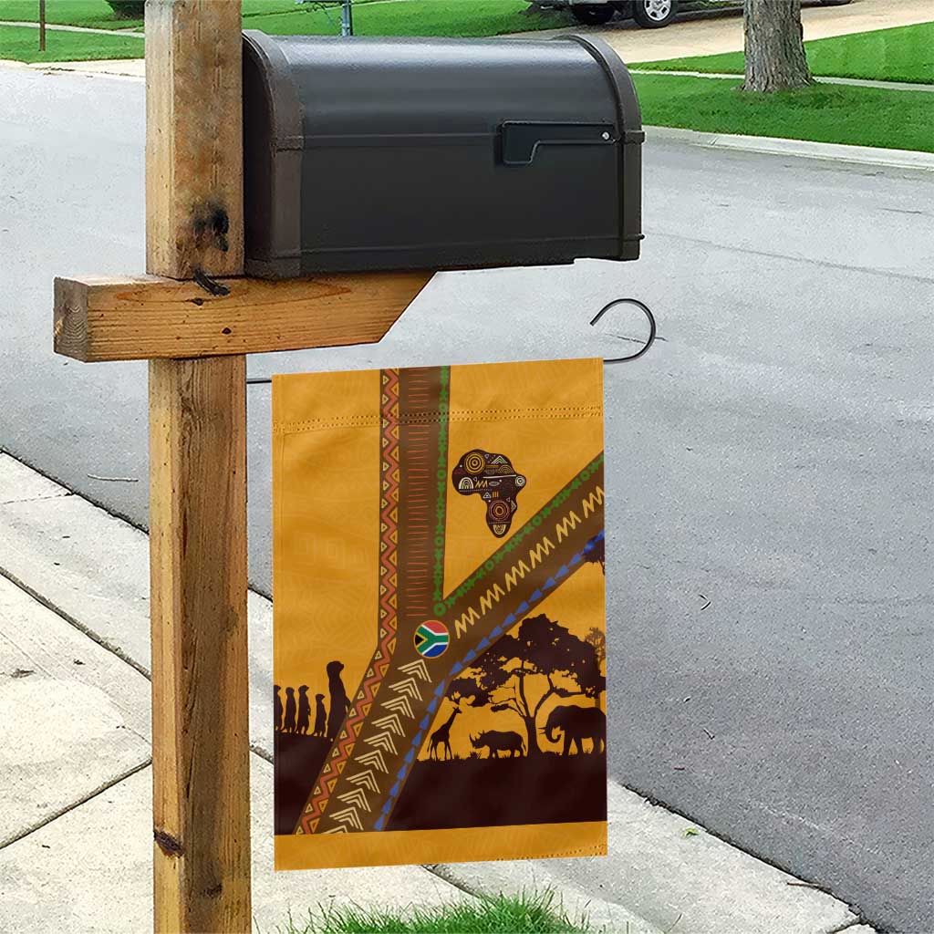 Tribal Africa Heritage with South Africa Flag Garden Flag Wildlife Silhouettes in Earthy Yellow and Brown