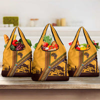 Tribal Africa Heritage with South Africa Flag Grocery Bag Wildlife Silhouettes in Earthy Yellow and Brown