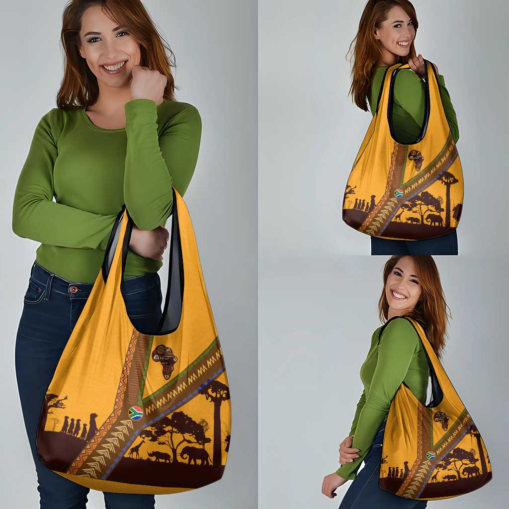 Tribal Africa Heritage with South Africa Flag Grocery Bag Wildlife Silhouettes in Earthy Yellow and Brown